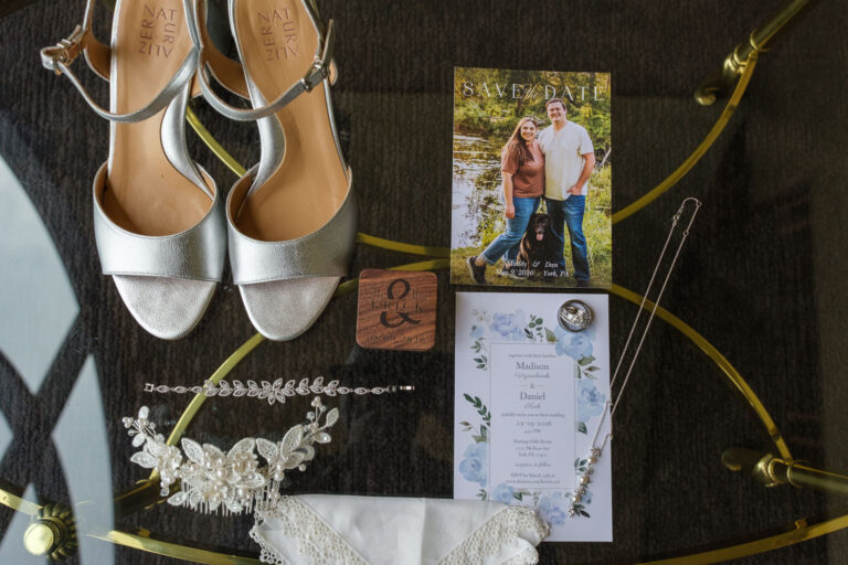 Wedding shoes, jewelry and invitation details for Dan and Maddie's Heritage Hills Golf Resort wedding in York, PA
