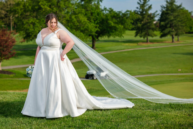 Maddie's veil flowing across the fairway at Heritage Hills Golf Resort